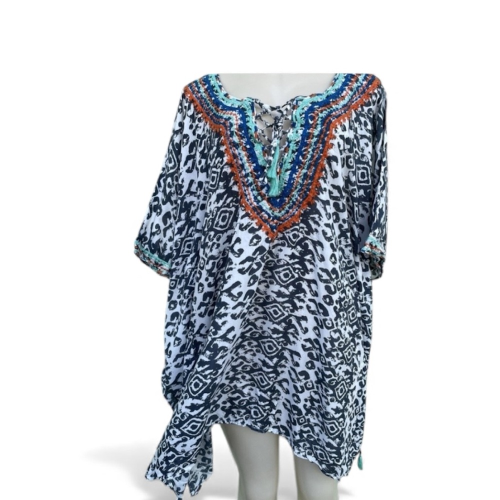 Anthropologie Z&L Embroidered Beaded Kaftan Cover Up Asymmetrical Boho Dress OS